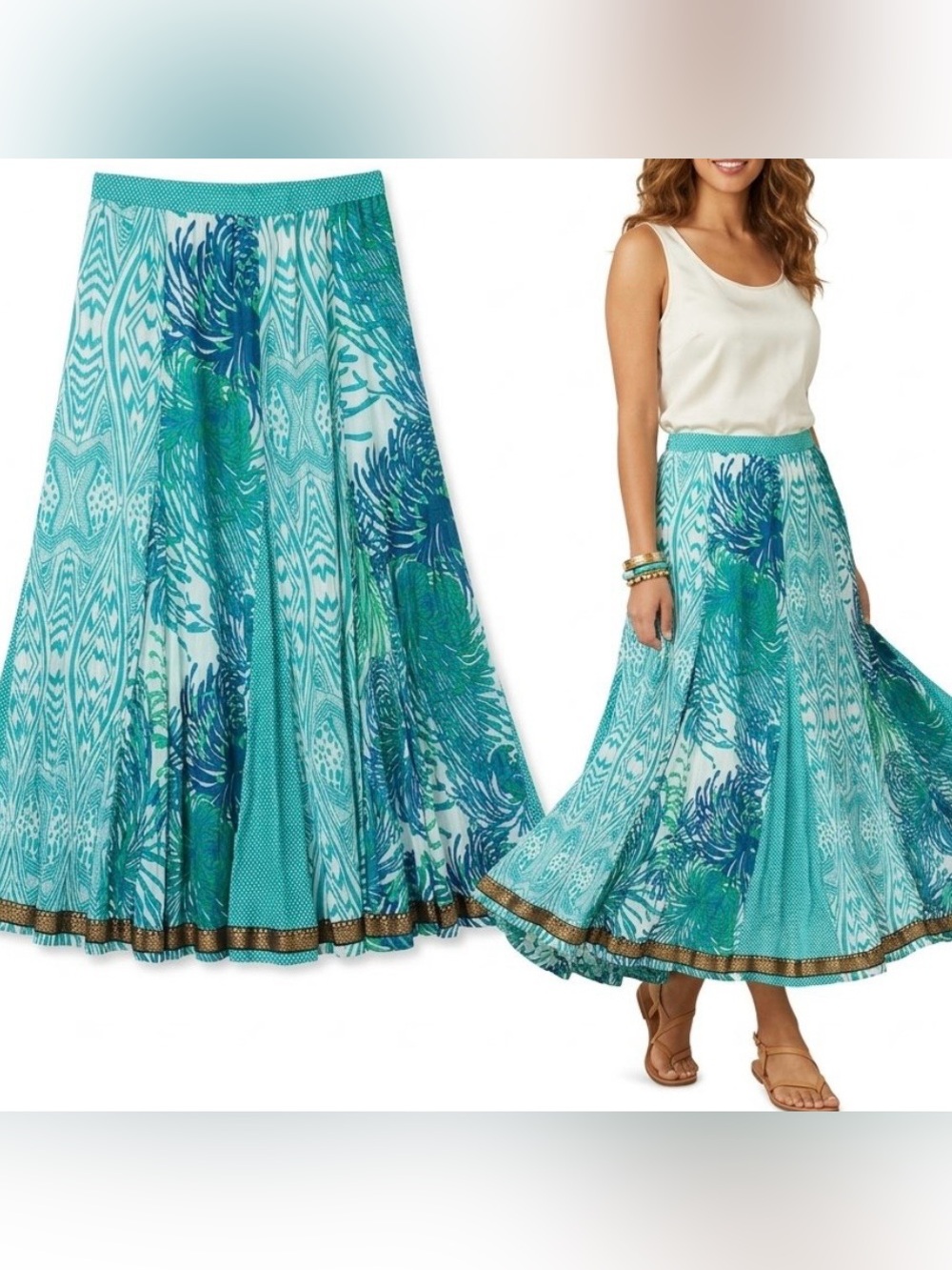 Soft Surroundings Eternal Beauty Boho Patchwork Cotton Maxi Skirt Blue Teal PM
